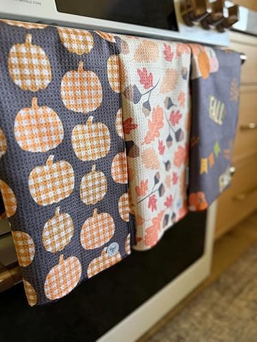 Desert Aqua || 3 Pack|| Double Sided Dish Towels || Waffle Weave Microfiber || Tea Towels || Highly Absorbent || Hanging Loop || Dish Cloths || Modern || Designer Prints (Fall Leaves Gray) thumbnail 2
