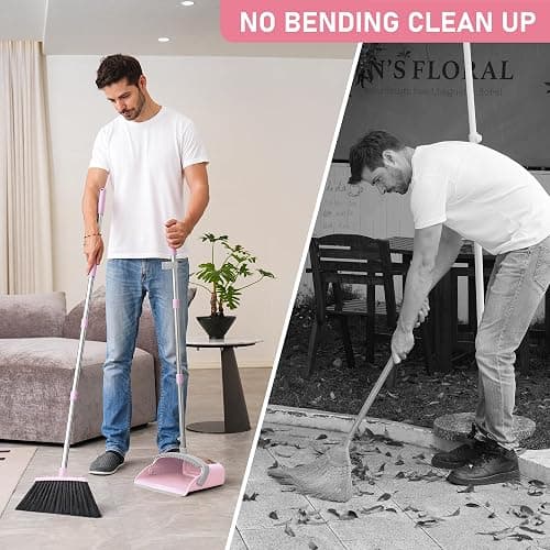 BSKLIN Broom and Dustpan Set, 54” Long Adjustable Handle Broom with Dustpan Combo Set Heavy Duty with Dust Pan Teeth to Clean Hair for Home Lobby Office (Medium Pink) thumbnail 7