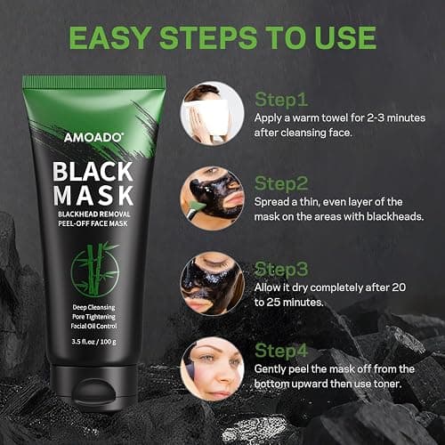 AMOADO Blackhead Remover Mask, Charcoal Peel Off Face Mask Kit, (100g) Deep Pore Cleans,Oil Control, Blackheads Removal Peel Off Black Mask for Men & Women – Includes Brush,Extractor Tool thumbnail 4