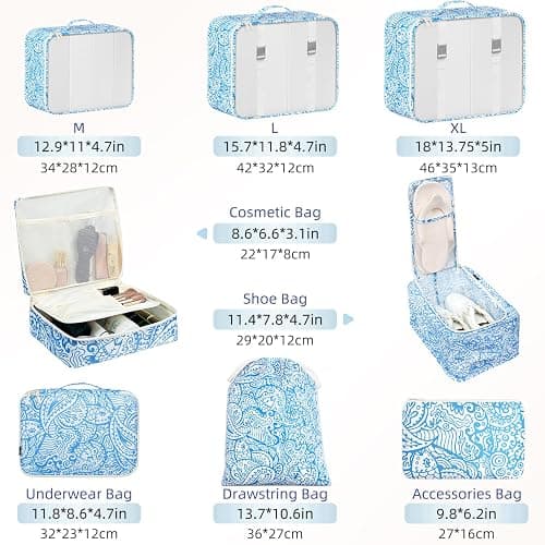BAGAIL 8 Set Packing Cubes Luggage Packing Organizer Bags for Travel Accessories-Blue paisley thumbnail 2