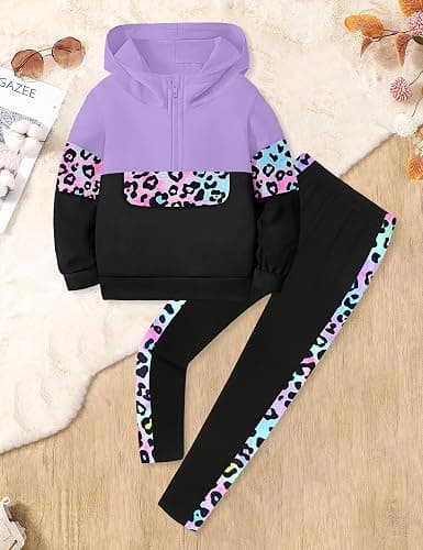TyeSmo Toddler Girl Clothes Camo 2 Piece Little Girls Clothes Half Zip Up Hoodies Color Block Outfits Sweatshirt Pant Sets thumbnail 6