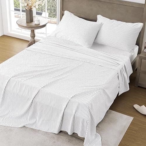 FreshCulture Full Size Bed Sheets - Ultra Soft Striped Sheets - Brushed Microfiber - Deep Pockets up to 16" - Easy Care - Hotel Luxury 4 Piece Striped Sheets Full, Stripe Grey thumbnail 2