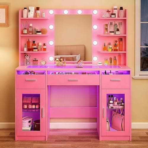 HUAHUU Vanity Desk, Makeup Vanity Desk with Mirror and Lights 3 Colors, Transparent Top with 3 RGB Drawers, 6 Shelves, 2 Large Tempered Cabinets, Power Outlet, for Bedroom, Pink thumbnail 8