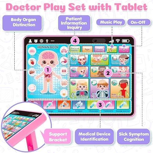 BainGesk Doctor Kit for Girls 3 Years Old, Doctor Tablet with Music & Sound, Pretend Play Doctor Set with Stethoscope, Doctor Dress Up Gifts for Kids Toddlers Ages 3-6 Years Old thumbnail 3