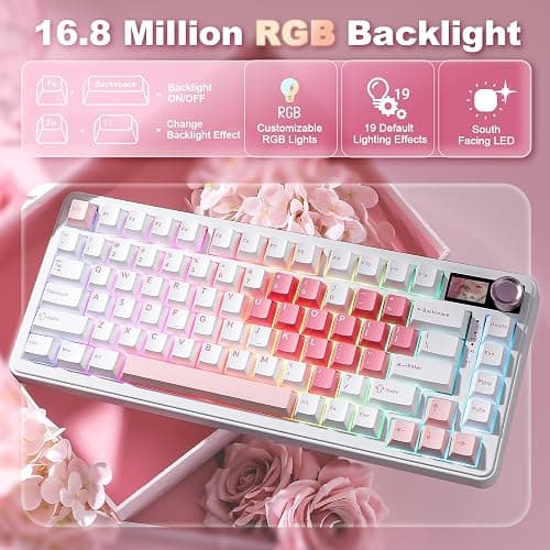 YUNZII B75 PRO MAX QMK/VIA Wireless Mechanical Keyboard,75% Layout with Screen and Knob,Custom Hot Swap Gasket,Creamy Pre-lubed Switches,Bluetooth/Type-C/2.4G for Win/Mac (White Heart,Candy Switch) thumbnail 7
