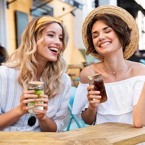 DWTS DANWEITESI Iced Coffee Cups with Lids 2 pcs,16 oz Glass Cups with Lids and Straws as Coffee Bar Accessories,Beer Drinking Glasses,Reusable Glass Tumbler,Cute Coffee Cups for Coffee, Juice, Gifts thumbnail 7