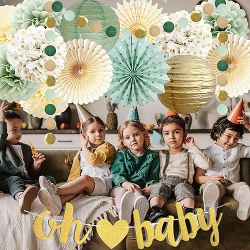 Sage Green Baby Shower Decorations Oh Baby Banner Tissue Paper Pom Poms Flowers Paper Fans Circle Dot Garland Neutral Party Supplies Boy Girl Gender Reveal Birthday Party Decorations thumbnail 4