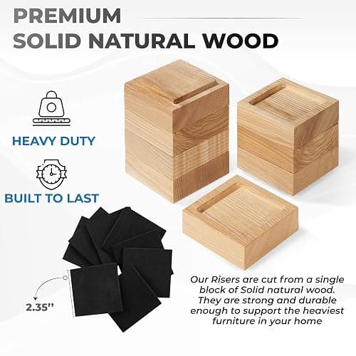 Bed Risers, Furniture Risers (Set of 8-Height 1") Can be Adjusted to 2'' 3''or 4'', Lifts Furniture Risers, Solid Natural Wood Risers, Non-Slip Recessed Hole (Square-Natural Color) thumbnail 4