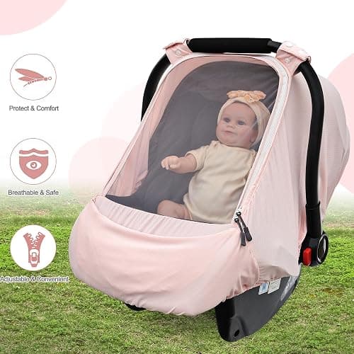 Baby Car Seat Cover,Sunproof Car Seat Canopy for Babies, Extra Large Mesh Window Baby Car Seat Sun Shade Cover, Infant Carseat Covers for Summer/Autumn Use(Pink) thumbnail 5