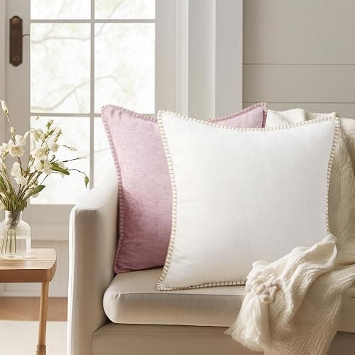 decorUhome Soft Chenille Throw Pillow Covers 18x18 Set of 2 Cream White | Fall Textured Decorative Throw Pillow Cases Stitched Edge Modern Farmhouse Luxury Boho Velvet for Couch Sofa Bed Home Decor thumbnail 9