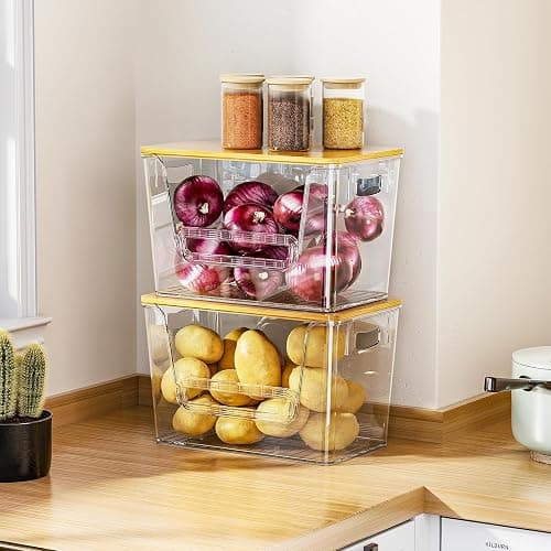 Delamu 2 Set Pantry Organizers and Storage, Trash Bag Holder Under Sink Organizer for 4-13 Gal Bags, Trash Bag Dispenser with Bamboo Top for Onion, Potato, Garlic, Clear (11-7/32"L*7" W*7-1/8"H) thumbnail 2