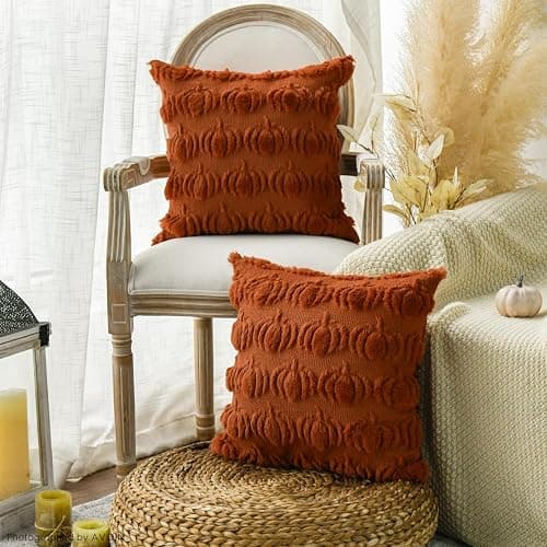 AVOIN colorlife Fall Pumpkin Caramel Throw Pillow Covers, 18 x 18 Inch Seasonal Autumn Thanksgiving Harvest Decoration Soft Plush Faux Fur Jacquard Cushion Case Decoration for Sofa Couch Set of 2 thumbnail 5