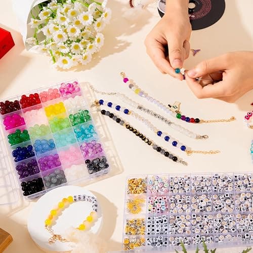 Goldwise Friendship Bracelet Kit - 2 Boxes with 24 Colors Glass(8mm) and Letter Beads (A-Z) for Jewelry Making, Varieties of Charms, Bracelet Making Kit, DIY Crafts for Gifts thumbnail 2