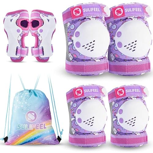 SULIFEEL Rainbow Unicorn Knee Pads for Kids Knee Elbow Pads Wrist Guards with Drawstring Bag Adjustable Protective Gear Set for Girls Roller Skating Bike Cycling Skateboard Scooter - Image 1