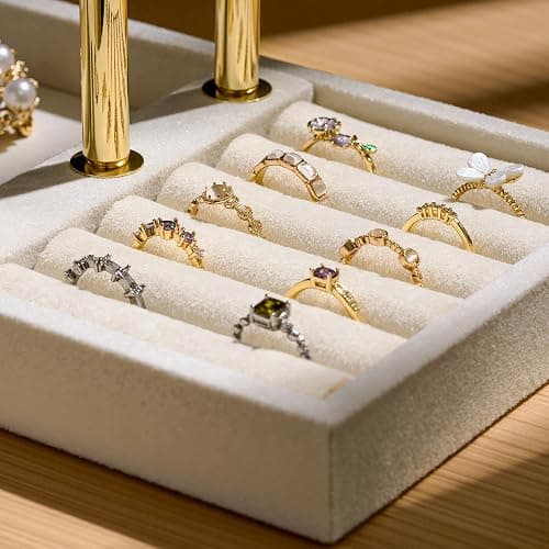Josmimic Schmuck Organizer mit 3 Ebenen - Beige Schmuckständer Armbänder, Abnehmbarer T-Steg Schmuck Ständer, Samt-Armbandhalter, Schmuckhalter für Armband, Halskette, Uhren, Ringe thumbnail 7
