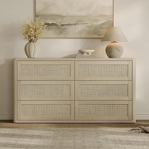 SICOTAS Dresser for Bedroom - 6 Drawer Dresser for Nursery 54" Wide Rattan Dressers & Chests of Drawers Boho Drawers for Bedroom Living Room Clothes Large Closet Storage for Closet Hallway Entryway thumbnail 2