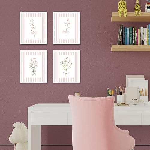 JINYO Coquette Pink Bow Floral Wall Art Prints Set of 4, Floral Room Decor, Preppy Pink and White Striped Flower Posters Pictures Wall Decor for Girls Room Bedroom Dorm Home, 8x10 Unframed thumbnail 2