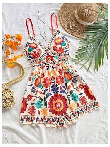GORGLITTER Women's Floral Print Summer Romper Boho Sleeveless Wide Leg Short Jumpsuits Beach Vacation Cruise Outfits thumbnail 4