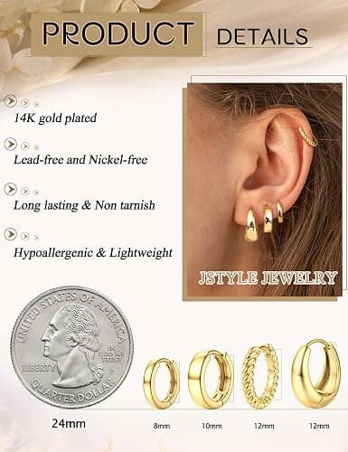 Jstyle Small Gold Hoop Earrings for Women Trendy 14K Gold Plated Huggie Earring Stacks Silver Hypoallergenic Huggie Earrings Set Dainty Chunky Cartilage Earring Sets for Multiple Piercing Jewelry Gift thumbnail 3