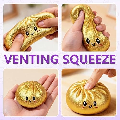 Glitter Dumpling Squishies Stress Relief Toy, Mystery Dumplings Jumbo Squishy Toy with Steamer Box, Sensory Fidget Toy for Anxiety Relief, Easter & Holiday Basket Stuffer(Golden) thumbnail 6