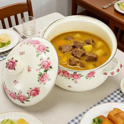 SOUJOY Enamel Stockpot with Lid, 2.8 Quart Retro Cooking Pot, Vintage Floral Stew Bean Simmer Pot with Handle, Kitchen Soup Pot, Safe for Induction Cookers, Gas Stove thumbnail 8