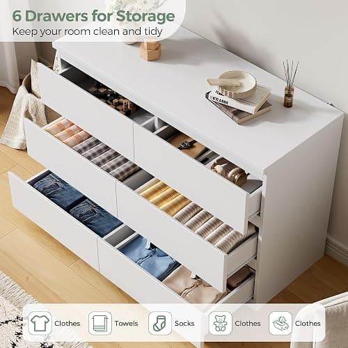 Orgobysol 6 Drawer Double Dresser for Bedroom, Modern Simply Chest of Drawers, Wood Storage Dresser with Anti-Tipping for Living Room Hallway Entryway, Nursy White (15.3" D x 47.2" W x 32.3" H) thumbnail 5