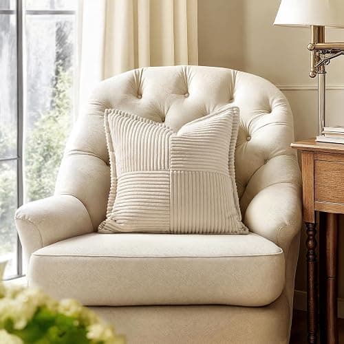 MIULEE Decorative Throw Pillow Covers for Couch Bed Livingroom 18x18 Inch Set of 2 Beige Boho Accent Throw Pllows Broadside Striped Patchwork Soft Corduroy Pillowcases thumbnail 4