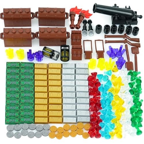 BroTex Pirates Treasure Chest Money Dollars, Silver Golden Gems Crystals Bag Torch Cannon Bricks Accessories Pack, Building Blocks Toys - Image 1