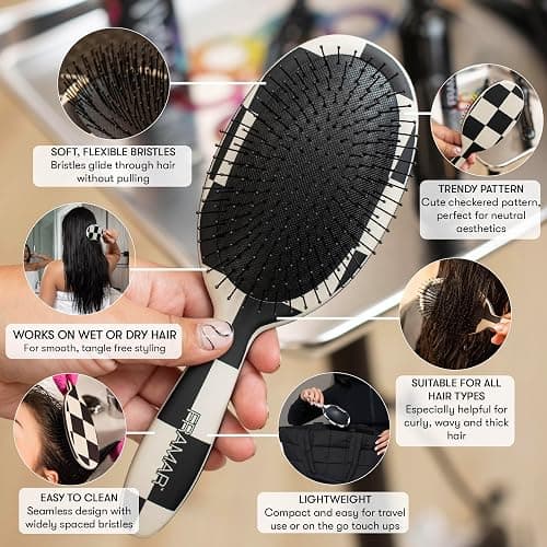 FRAMAR Checkered Print Hair Brush Detangler – Wet Hair Brushes For Women, Womens Hair Brush, Black and White Checkered Hair Accessories, Hairbrush For Women, Cepillos Para Cabello – Detangle Brush thumbnail 2