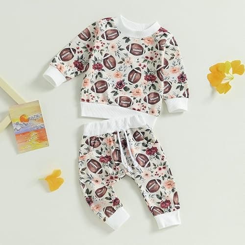 Baby Boy Girl Football Outfit Long Sleeve Crewneck Sweatshirt Pullover Tops and Elastic Pants Set 2PC Outfits thumbnail 2