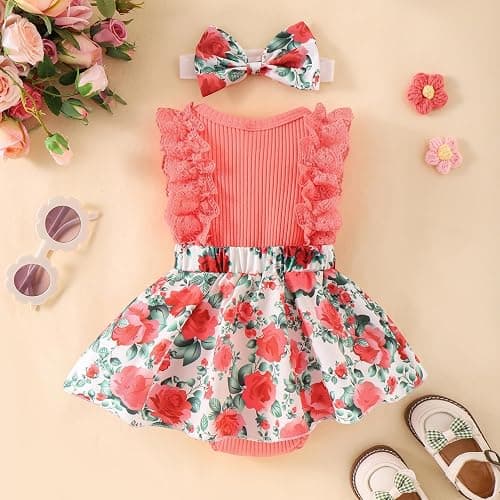 KAFIREN Baby Girl Newborn Lace Romper Dress Sleeveless Summer Outfits 0-12M | Lace Ruffles Romper Dress, Flower Skirt With Bow Headband, Breathable for Summer, Ideal for Daily Wear, Machine Washable thumbnail 4