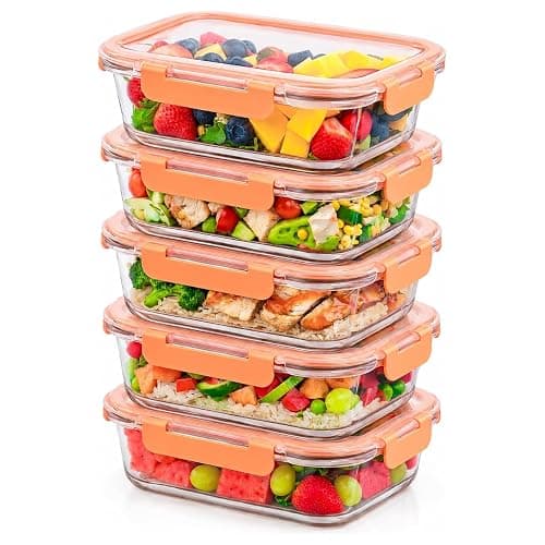 Innoteck 5 Pack 1040ml Orange Glass Food Storage Containers with Lids | Borosilicate meal prep containers with airtight leakproof locking lids, dishwasher safe for food storage and leftovers. - Image 1