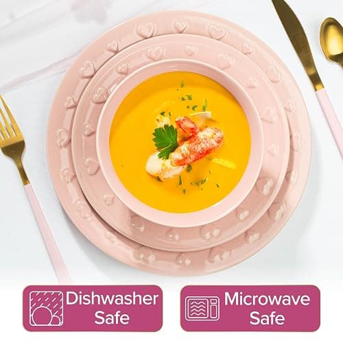 Paris Hilton 12-Piece Dinnerware Set, Embossed Hearts. Iconic Ceramic Stoneware Service for 4 with Dinner Plates, Salad Plates, and Bowls, Microwave & Dishwasher Safe, Pink thumbnail 4