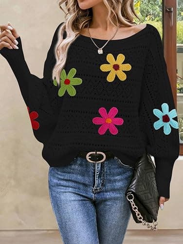 Cakulo Womens Off Shoulder Sweater Top Fall Outfits Fashion 2025 Oversized Knit Batwing Long Sleeve Crochet Flower Sweaters thumbnail 5