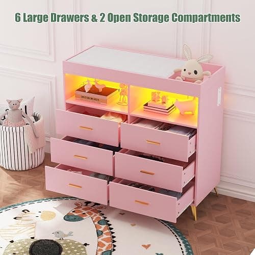 GarveeHome Dresser for Bedroom with 6 Drawers, Baby Changing Table Dresser with Changing Pad, LED Lights & Charging Station, Baby Changing Station with Changing Table Top, Pink - Pink thumbnail 4