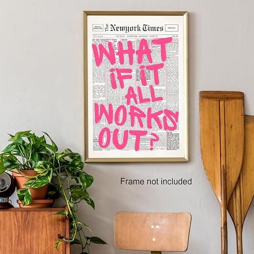 Retro Newspaper Pink Font Canvas Wall Art What If It All Works Out Poster Positive Affirming Quote Minimalist Canvas Prints Painting For Home Bedroom Dorm Wall Decor 12x16in Unframed thumbnail 5
