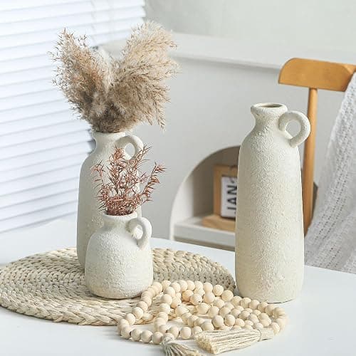 Ceramic Vase Set of 3 with Handle, Neutral Rustic Vases Home Decor Farmhouse Decorative Vase Whitewashed Pottery Decor Modern for Table Mantel Entryway Bookshelf Living Room Kitchen Bedroom - White thumbnail 5