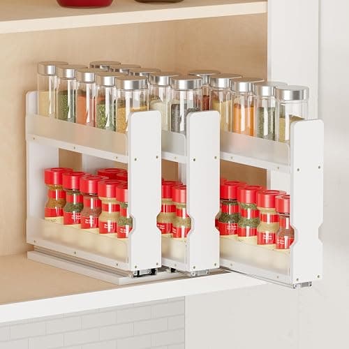 SpaceAid Bamboo Pull Out Spice Rack Organizer for Cabinet, Heavy Duty Slide Out Seasoning Kitchen Pantry Sliding Vertical Organization, 7.6" Wide, 3 Drawers(2" Wide), 2-Tier, White - Image 1