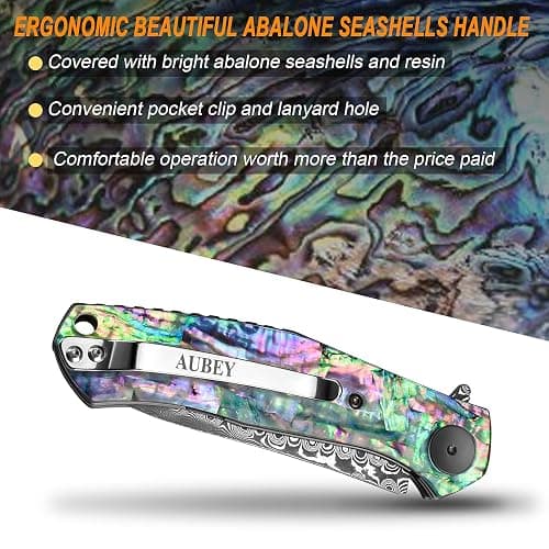 AUBEY Damascus Pocket Knife for Women Men, Sharp 3.23" Damascus Steel Blade Knife with Clip, EDC Hunting Knives with Abalone Shell Handle, Gift for Camping Outdoor thumbnail 7