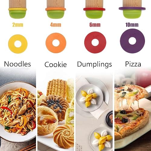 Mepple Adjustable Wooden Rolling Pin with 4 Removable Thickness Rings，Great for Baking Dough, Pizza, Pie, Pastries, Pasta, Cookies and More, 13.6" x 2.5" x 2.5", Multicolor thumbnail 6