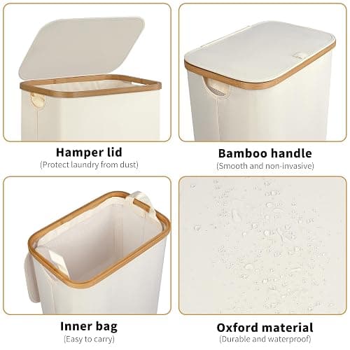 iEGrow Slim Laundry Hamper,75L Beige Narrow Laundry Basket with Lid,Foldable Clothes Hamper with Bamboo Handles,Hamper Basket with Removable Inner Bag for Laundry Room Bedroom College Dorm thumbnail 4