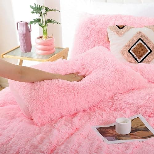 Smoofy Fluffy Queen Comforter Set, Faux Fur Pink Comforter Set Queen Size, Luxury Fuzzy Bedding Set, Soft Shaggy Bed Set Pink for All Season, 3 Pieces - 1 Comforter & 2 Pillowcases thumbnail 6