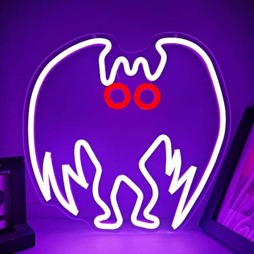 FuugZze Mothman Neon Signs for Wall Decor Neon Lights for Bedroom,Mothman Halloween Led Signs for Bedroom Wall Party Birthday Christmas Gifts USB Light Up Sign for Office Man Cave Gothic Home Decor - Image 1