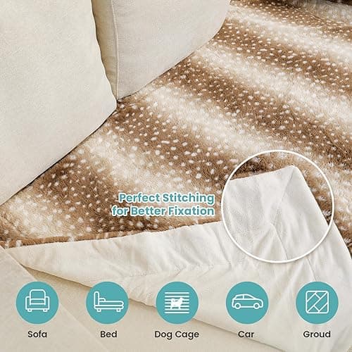 COZY KISS Soft Faux Fur Blanket for Woman Sofa Bed Couch, Liquid Pee Proof Throw for Large Dog or Cat, Waterproof Pet Blanket, Reversible Washable Plush, Double Sided, 50x60 in, Brown Deer Print - Brown Deer - Throw (50"x60") thumbnail 6