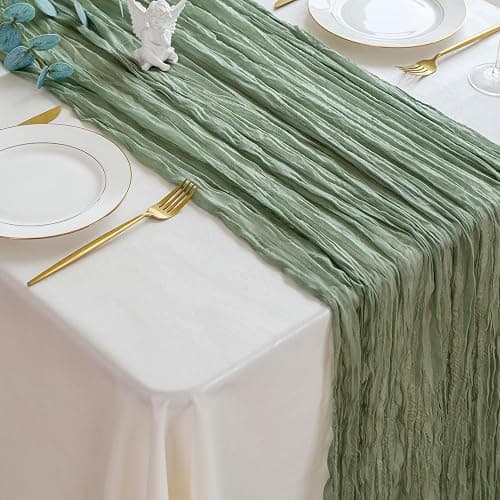 Sioloc Sage Green Cheesecloth Table Runner 120'' x 35'',Spring Easter Decor Soft Gauze Boho Wedding Table Decor for 10ft Table Birthday Party,Baby Shower, Bridal Shower, Home & Event Decor thumbnail 5