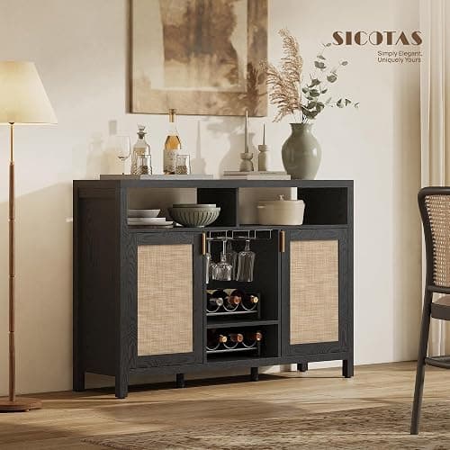 SICOTAS Rattan Coffee Bar Cabinet with Wine Racks & Metal Stemware Holders | 51" Sideboard Buffet Cabinet with Storage, Modern Liquor Cabinet Boho Credenza Buffet Table for Living Dining Room, Black Oak thumbnail 2