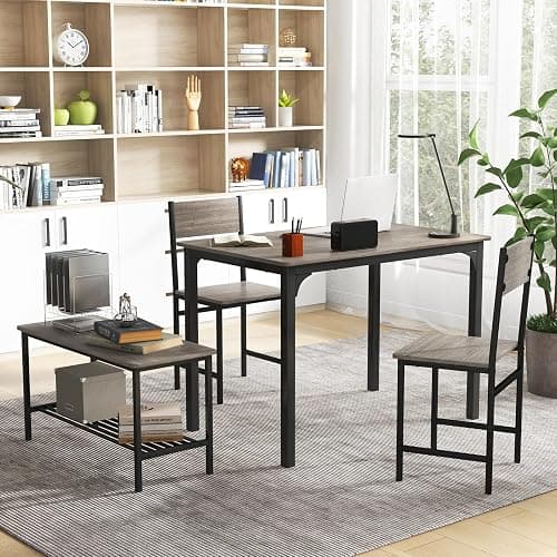Giantex Dining Table Set for 4, Kitchen Table with Bench and Chairs, Industrial Gathering Bench Dining Set W/Metal Frame & Storage Rack, Dinette Set, Modern Functional Desk Set (Black Oak) thumbnail 5