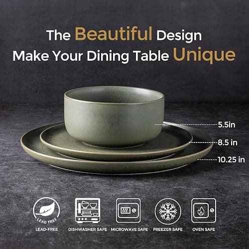 LERATIO Stoneware Dinnerware Sets for 6,Handcarft Ceramic Plates and Bowls Sets,Chip and Scratch Resistant Dishes, Dishwasher & Microwave Safe, Oven safe,Reactive Glaze-Green thumbnail 3