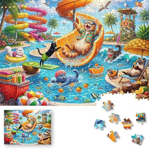 ROSE RAIN Premium 500 Piece Jigsaw Puzzle for Adults Funny Cat Water Park | Orange splash summer art with letters on back and dust-free thick HD board for relaxing solo play, family fun and cool gifts. - Image 1