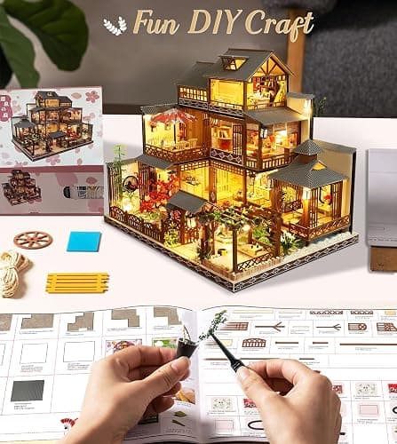 Spilay Dollhouse DIY Miniature Wooden Furniture Kit,Mini Handmade Big Castle Model,1:24 Scale Creative Doll House Toys for Adult Gift (Romantic European Villa with Dust Cover Music Box) - Romantic European Villa With Dust Cover Music Box thumbnail 5